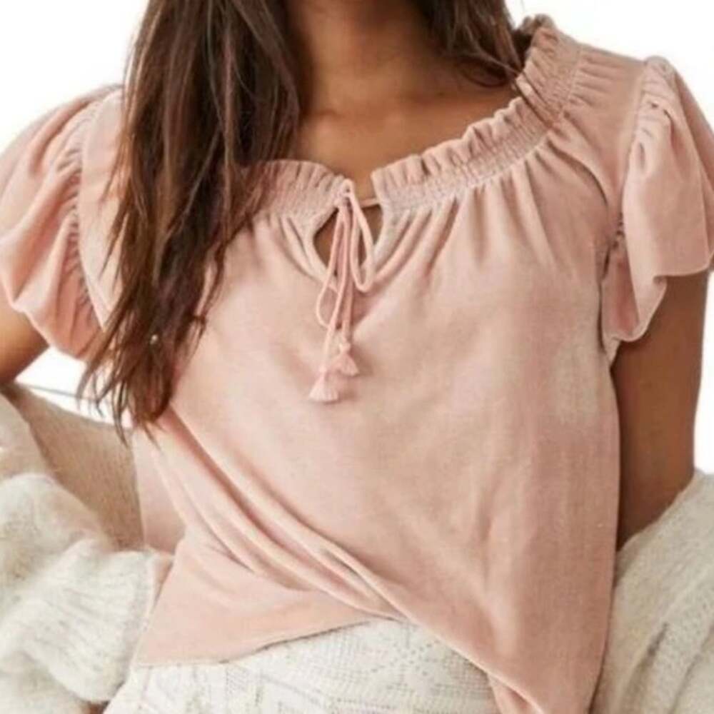 Free People Terese Puff Sleeve Velvet Top Blush Pink/Peach Size M NWOT